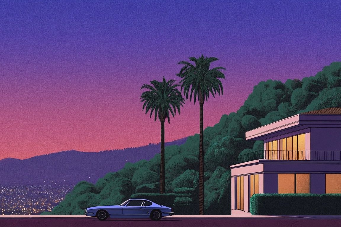 Neon Hillside Villa Retro Print. poster detail
