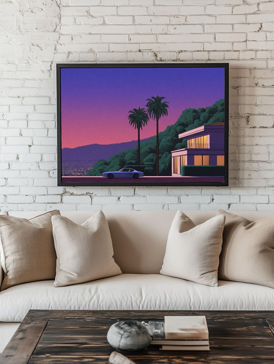 Neon Hillside Villa Retro Print room preview