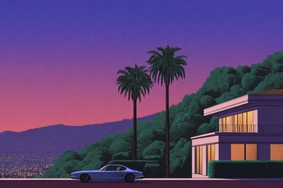 Neon Hillside Villa Retro Print. poster