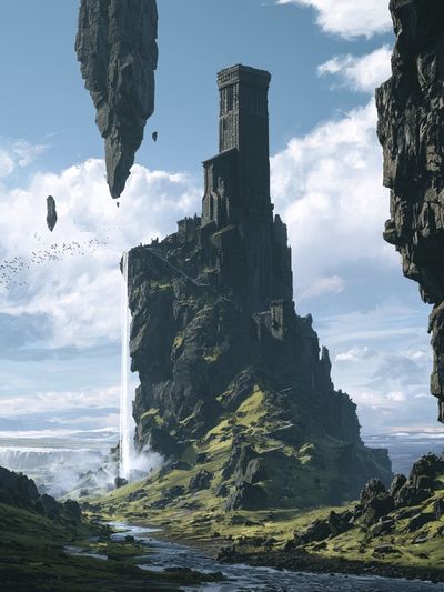 Floating Cliff Fortress Fantasy Print.