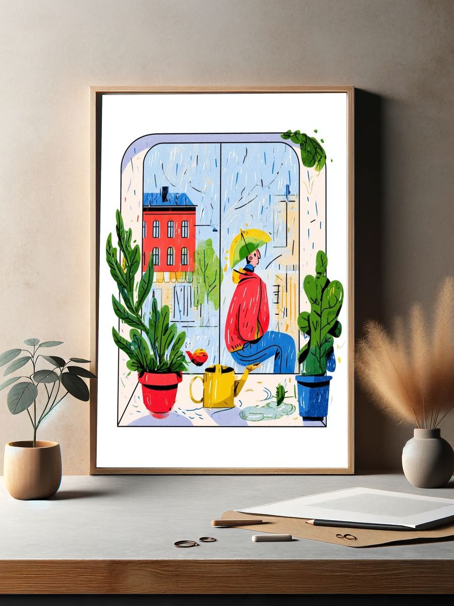 Rainy Window Scene Illustration Poster. — room view 2