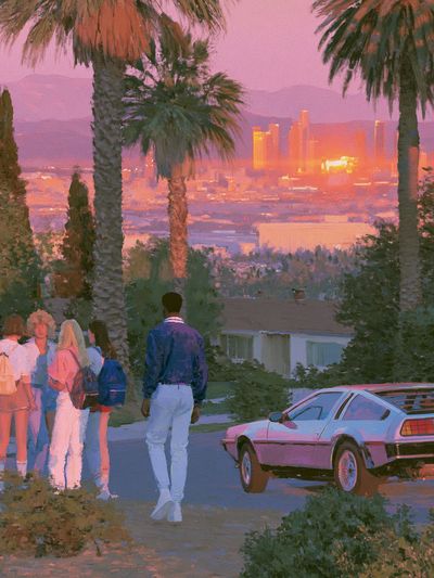 Sunset Palm Cityscape Illustration Poster. poster print