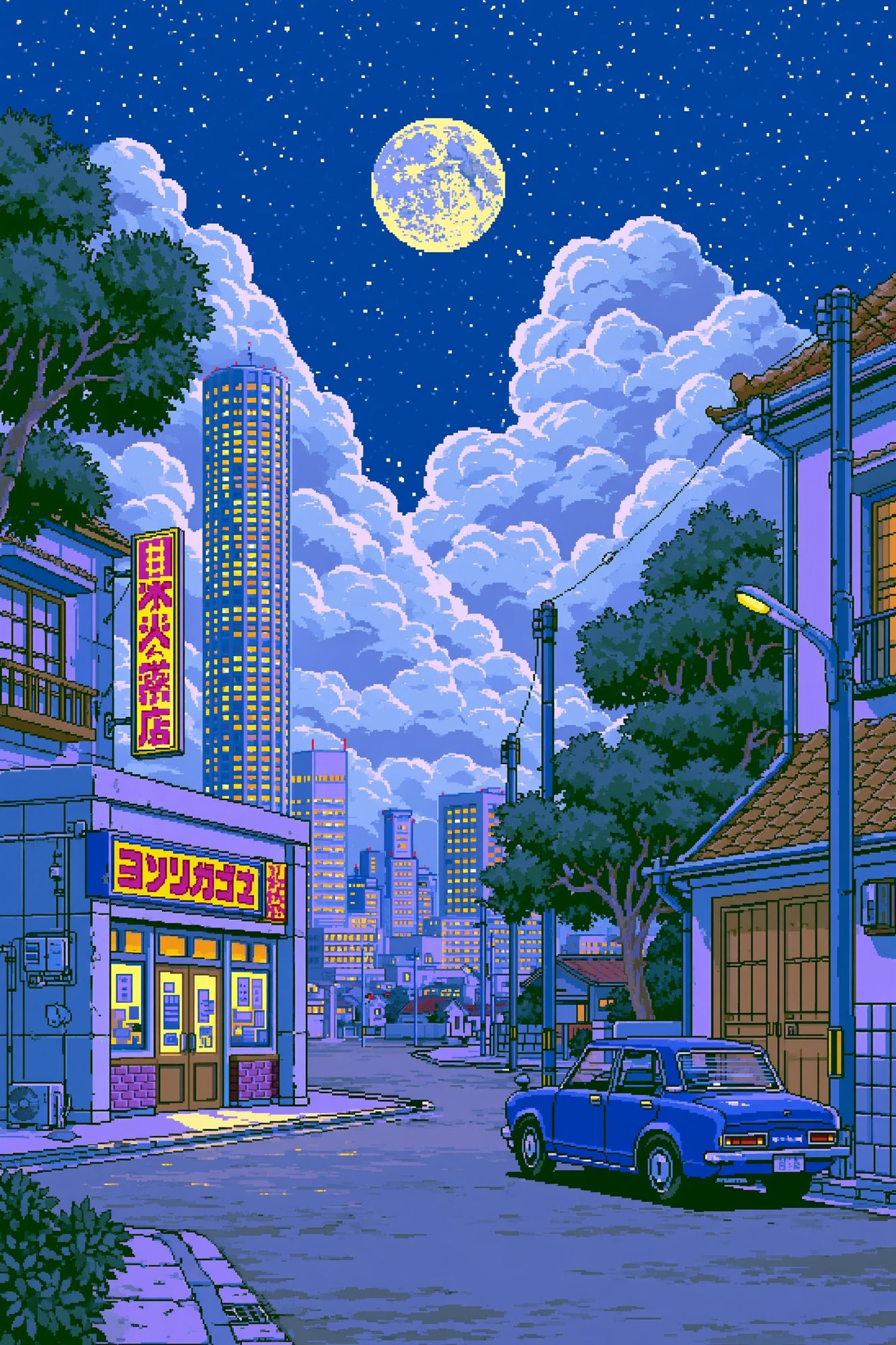 Moonlit Tokyo Street Illustration Poster. poster detail