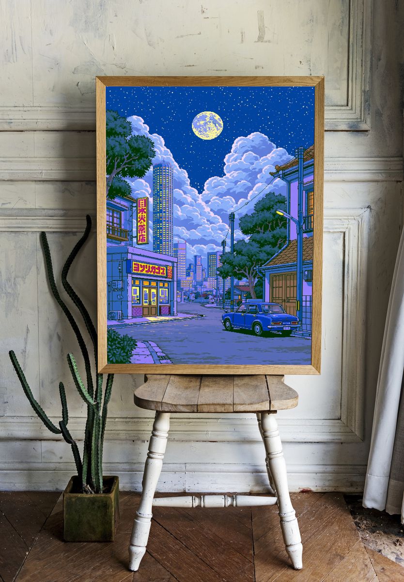 Moonlit Tokyo Street Illustration Poster. — room view 1
