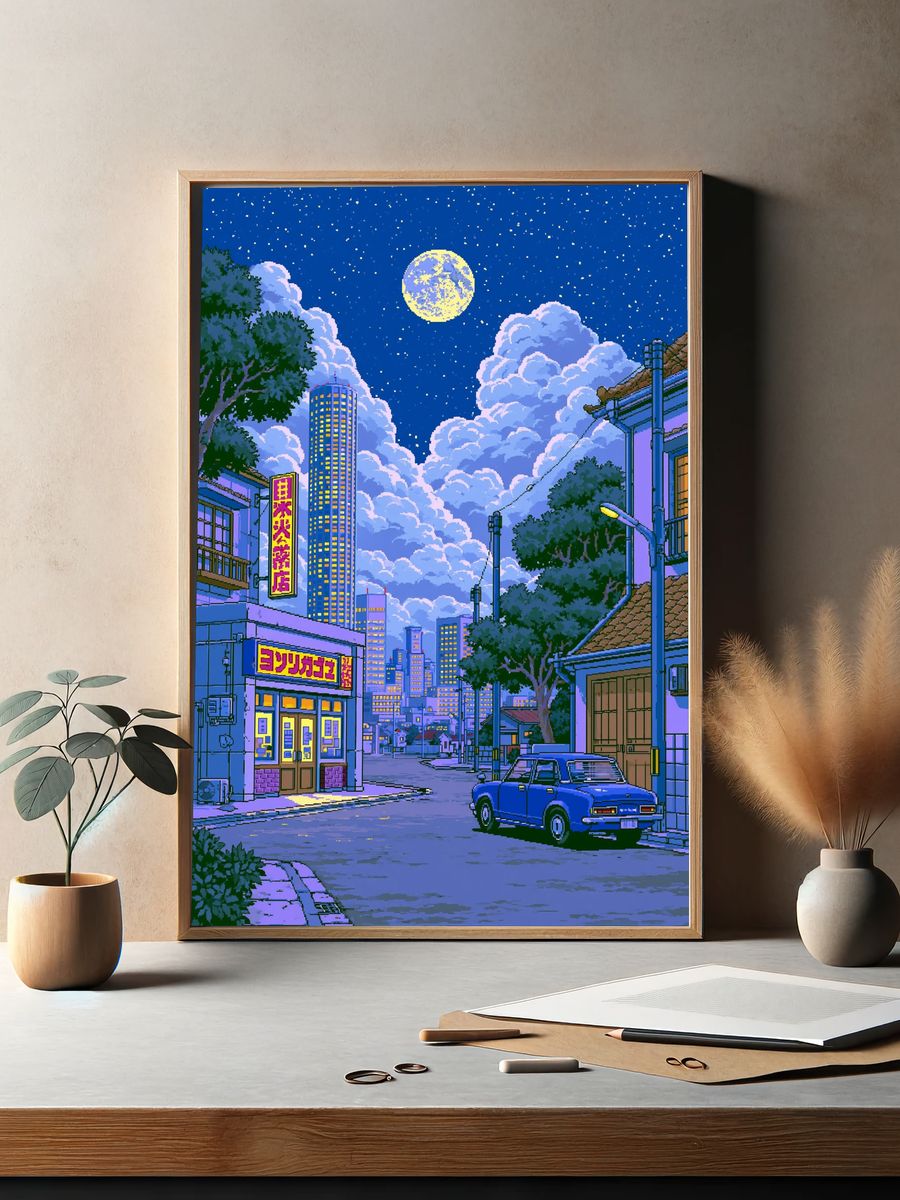 Moonlit Tokyo Street Illustration Poster. — room view 2