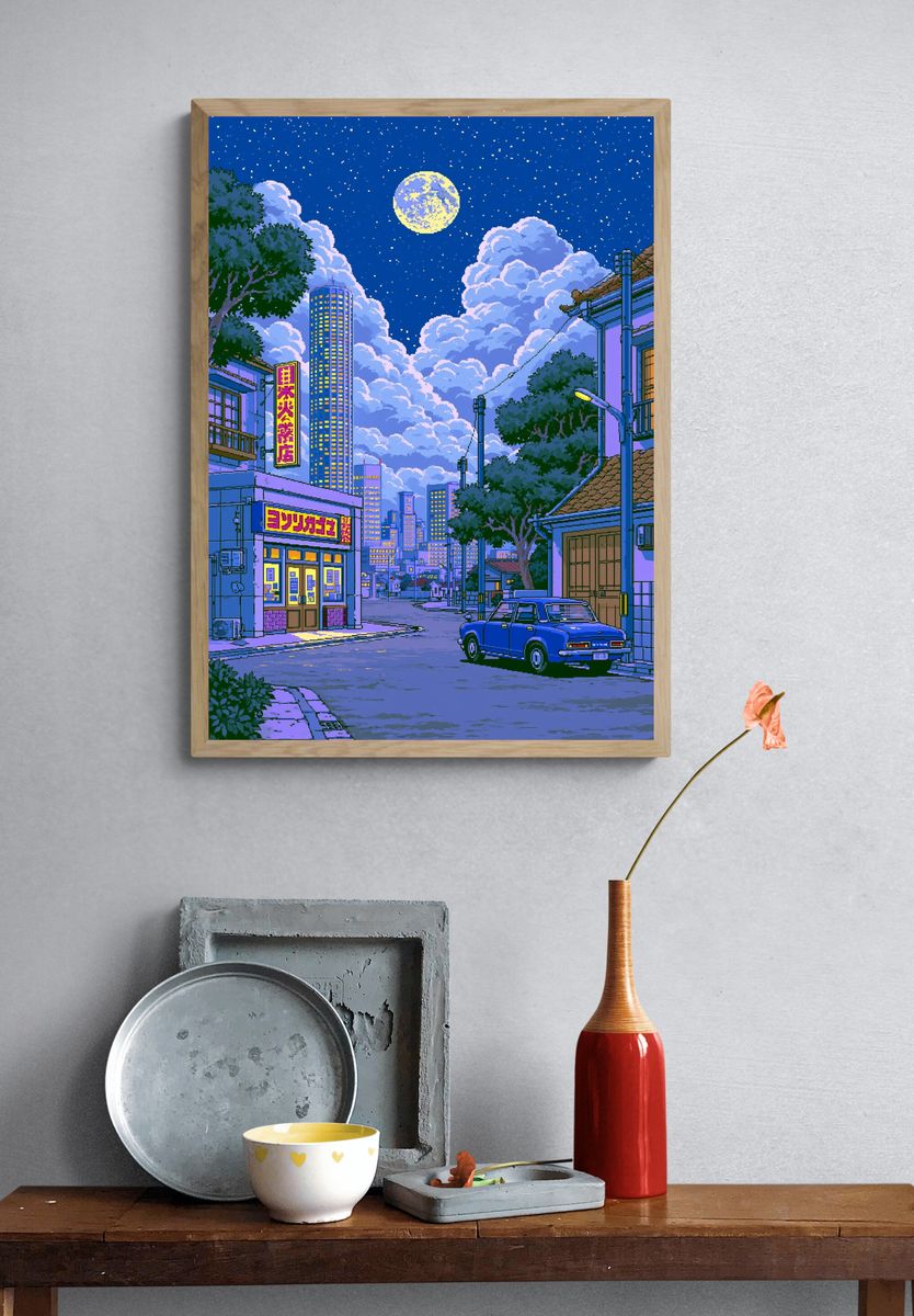 Moonlit Tokyo Street Illustration Poster. — room view 3