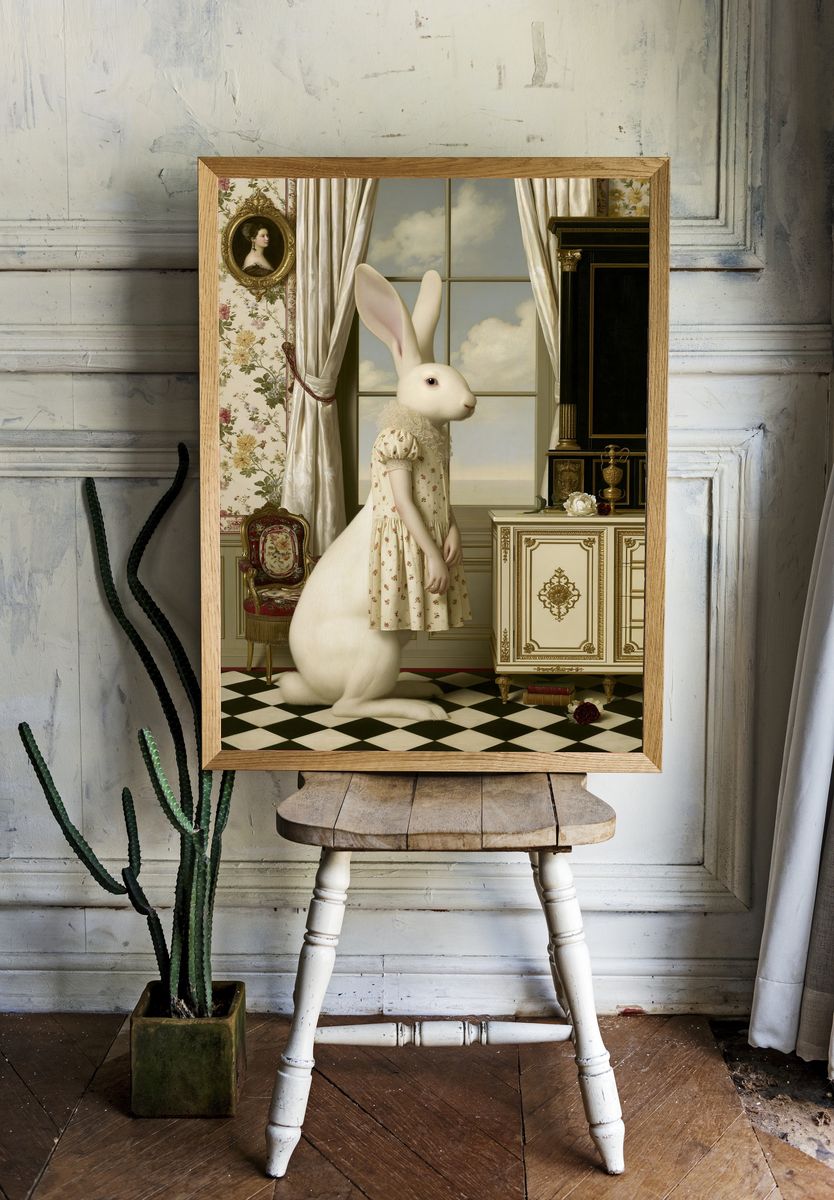 Surreal Rabbit Portrait Print. — room view 1