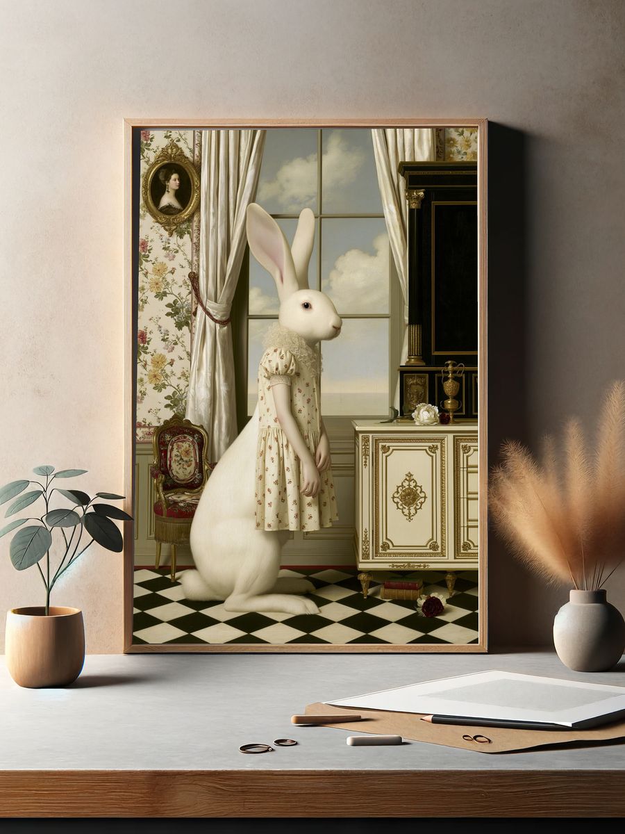 Surreal Rabbit Portrait Print. — room view 2