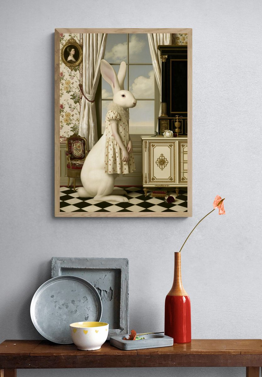 Surreal Rabbit Portrait Print. — room view 3