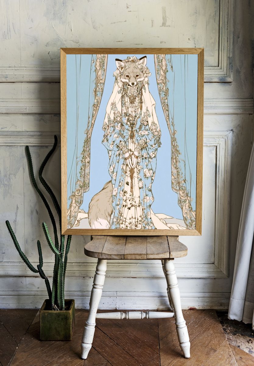 Floral Fox Portrait Illustration Poster. room preview