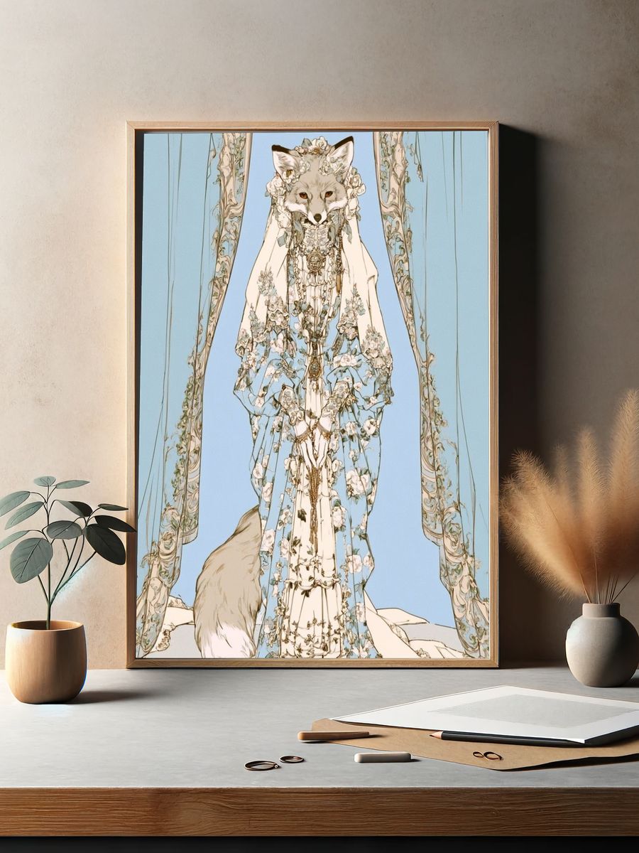 Floral Fox Portrait Illustration Poster. — room view 2