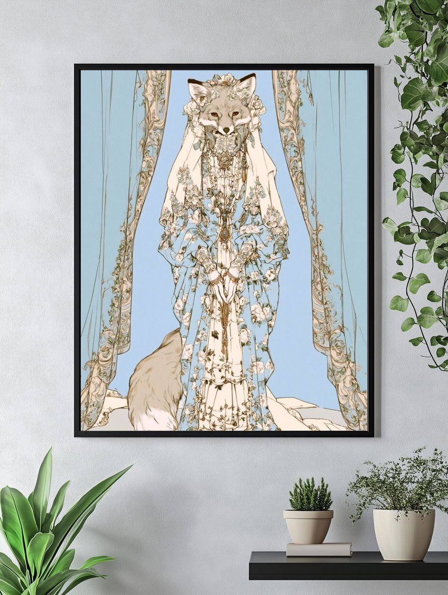 Floral Fox Portrait Illustration Poster. — room view 4