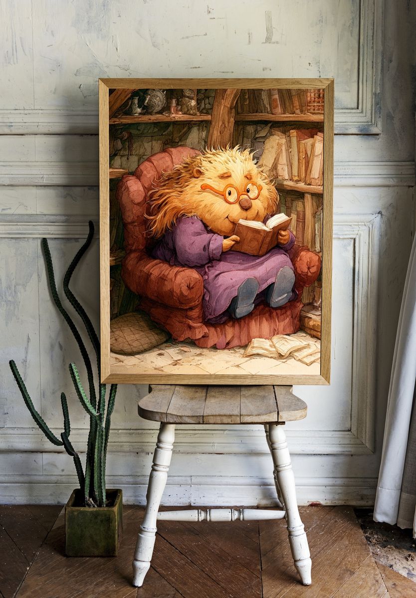 Reading Hedgehog Illustration Poster. room preview