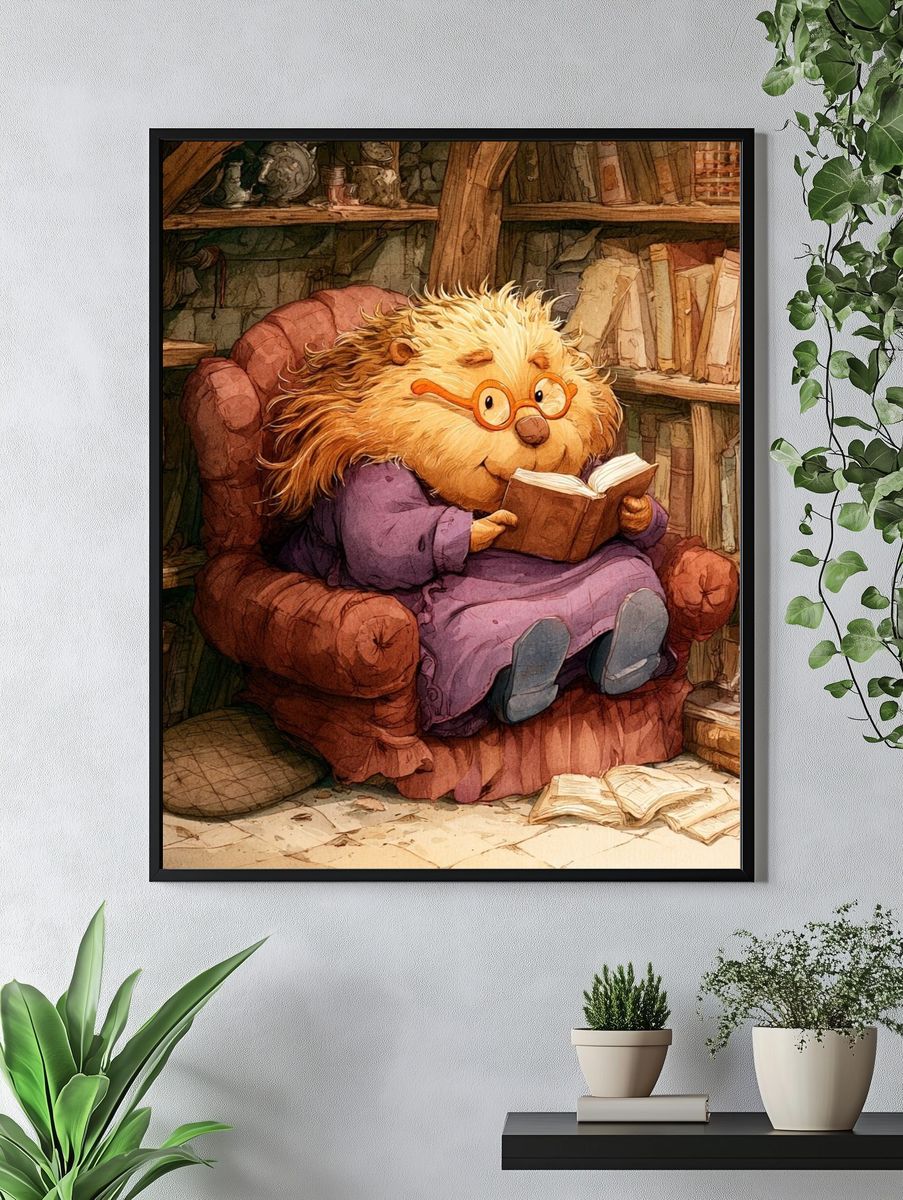 Reading Hedgehog Illustration Poster. — room view 4