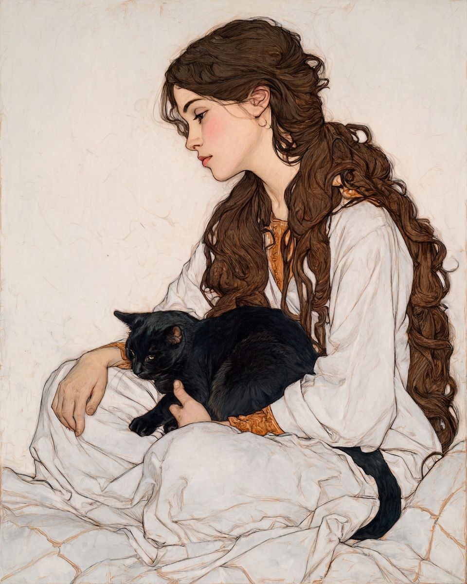 Girl with Black Cat Illustration Poster. poster detail