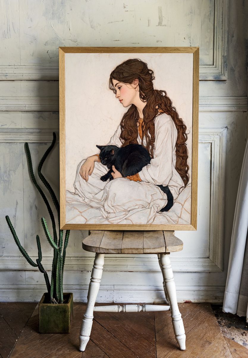 Girl with Black Cat Illustration Poster room preview