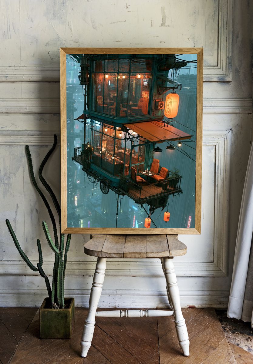 Rainy Cyberpunk Teahouse Poster. room preview