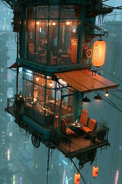 Rainy Cyberpunk Teahouse Poster. poster