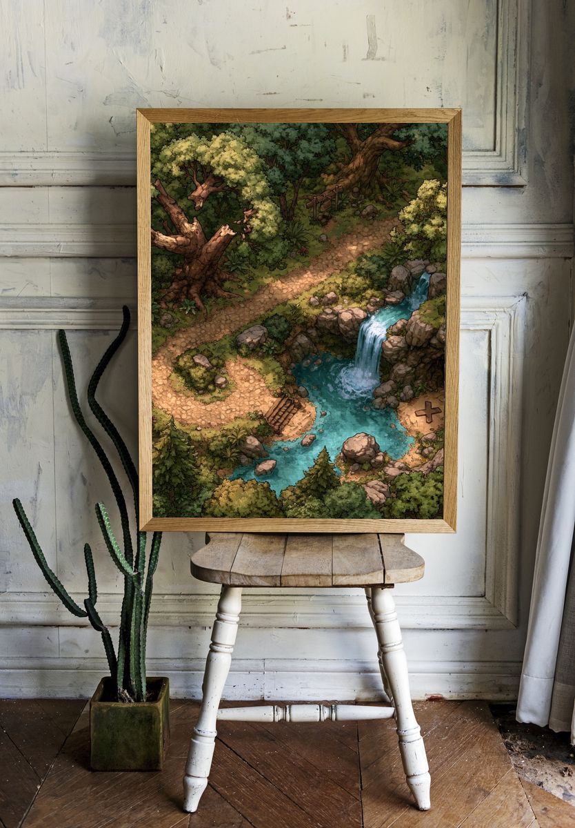 Enchanted Forest Waterfall Illustration Poster. — room view 1