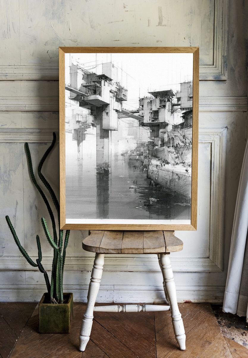 Monochrome Futuristic Cityscape Print. room preview