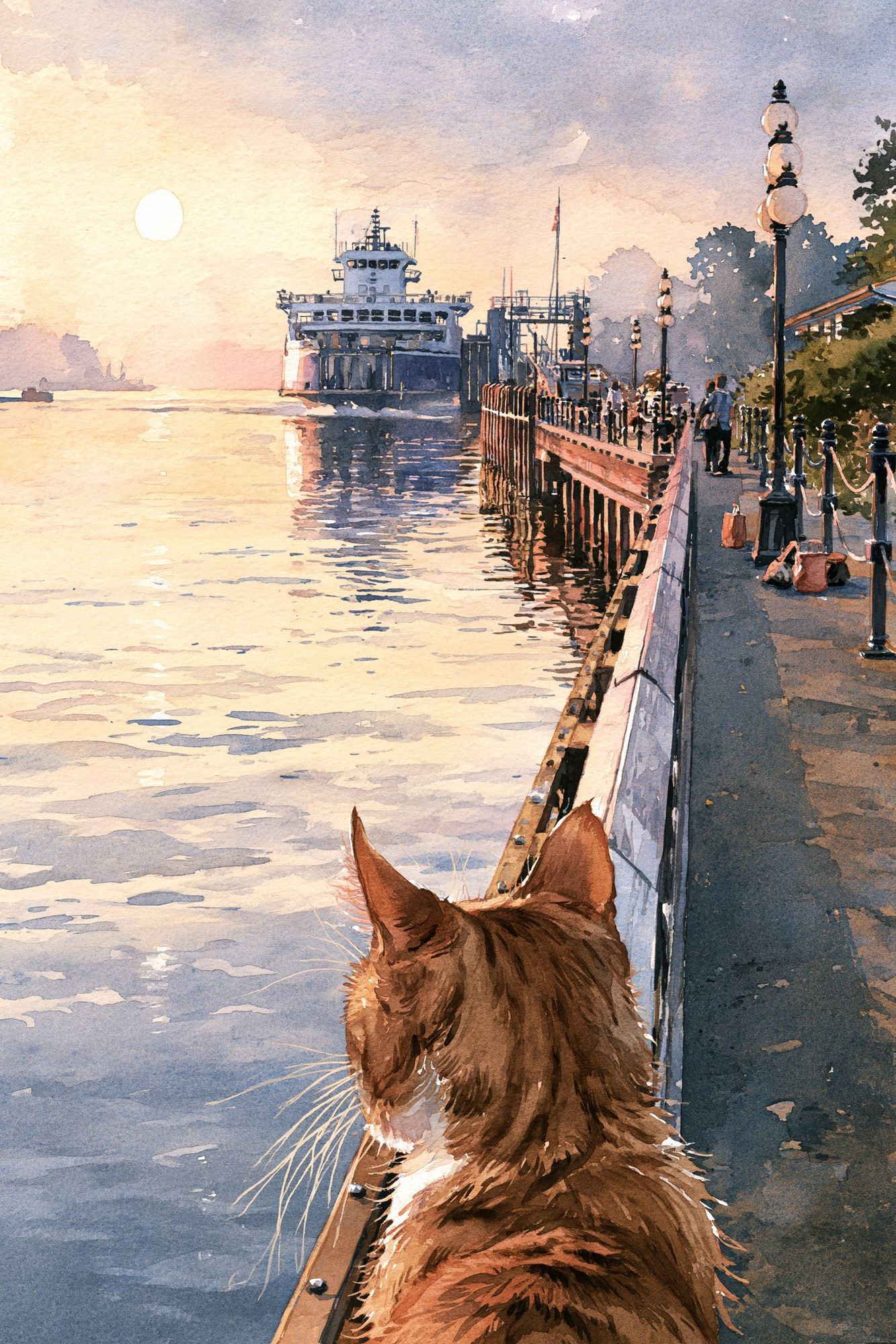 Cat by the Harbor Watercolor Print. poster detail