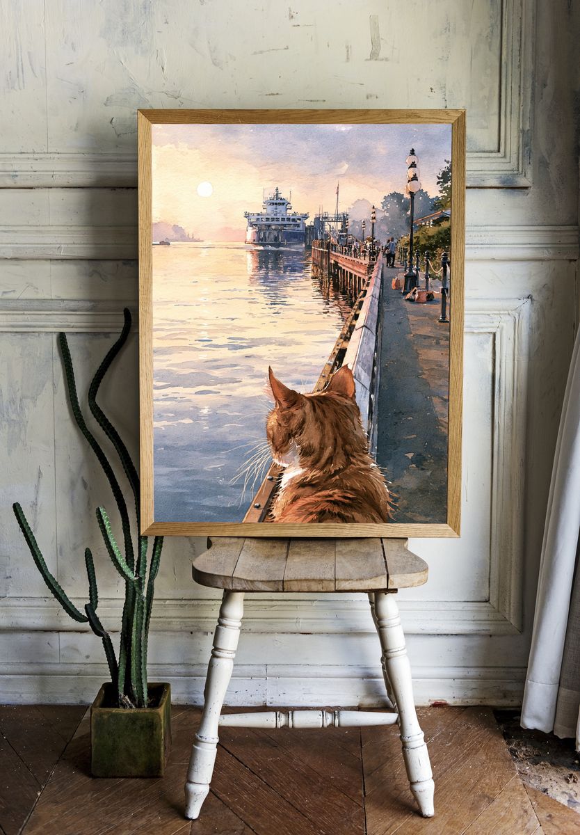 Cat by the Harbor Watercolor Print. — room view 1