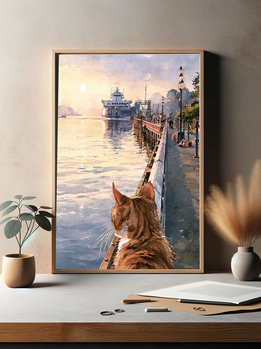 Cat by the Harbor Watercolor Print. — room view 2