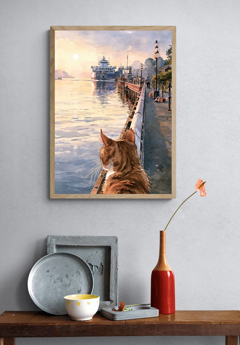 Cat by the Harbor Watercolor Print. — room view 3