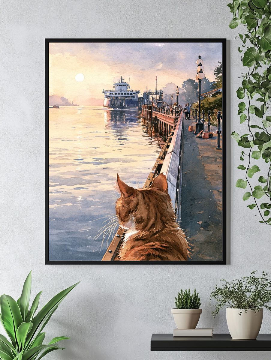 Cat by the Harbor Watercolor Print. — room view 4