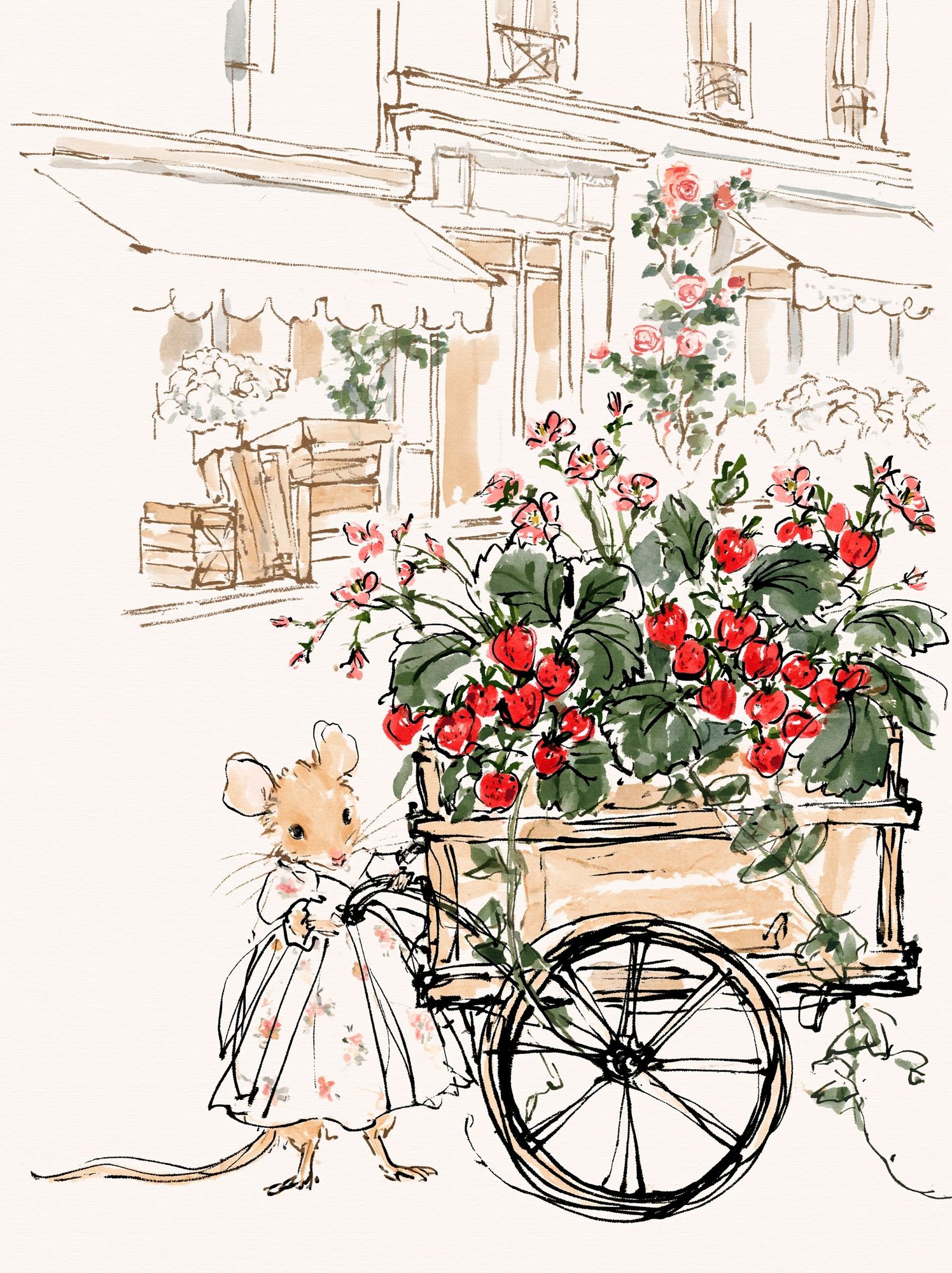 Mouse Strawberry Cart Illustration Poster. poster detail