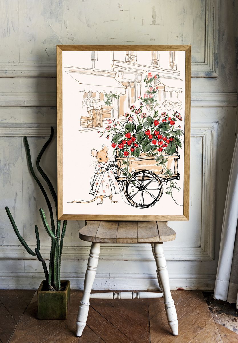 Mouse Strawberry Cart Illustration Poster. — room view 1