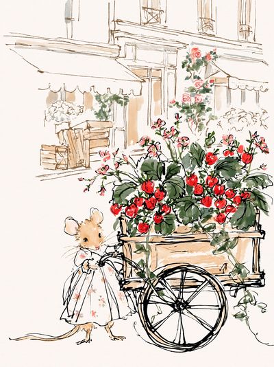 Mouse Strawberry Cart Illustration Poster. poster