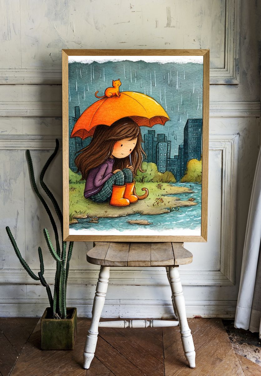 Rainy Day Girl Illustration Poster. room preview