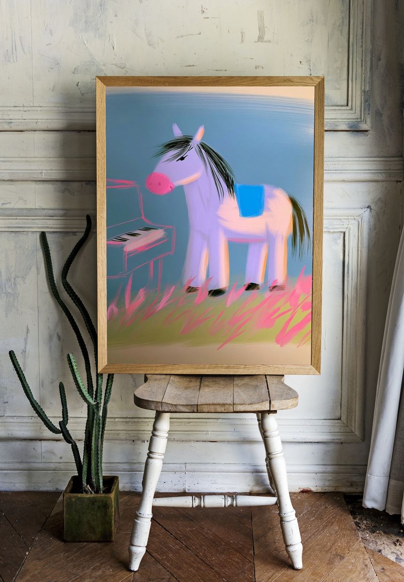 Whimsical Pony Piano Illustration Poster. — room view 1