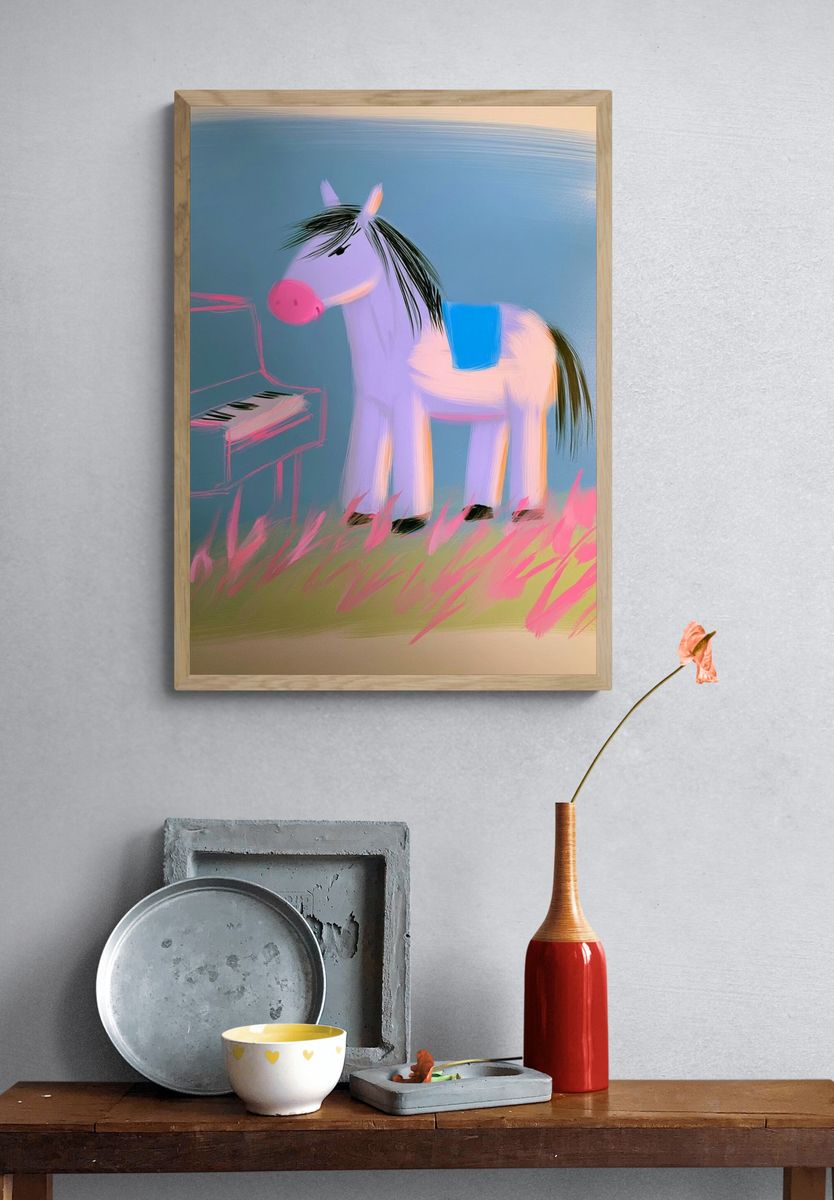 Whimsical Pony Piano Illustration Poster. — room view 3