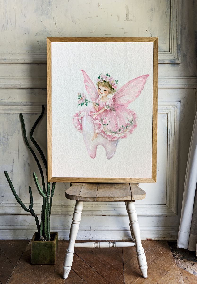 Pink Fairy Watercolor Print. — room view 1