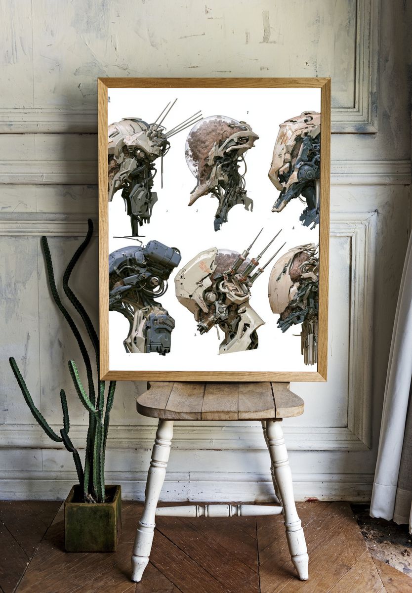Mecha Helmet Studies Illustration Poster. room preview