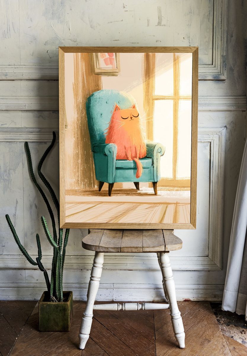 Cat in Armchair Illustration Poster. — room view 1