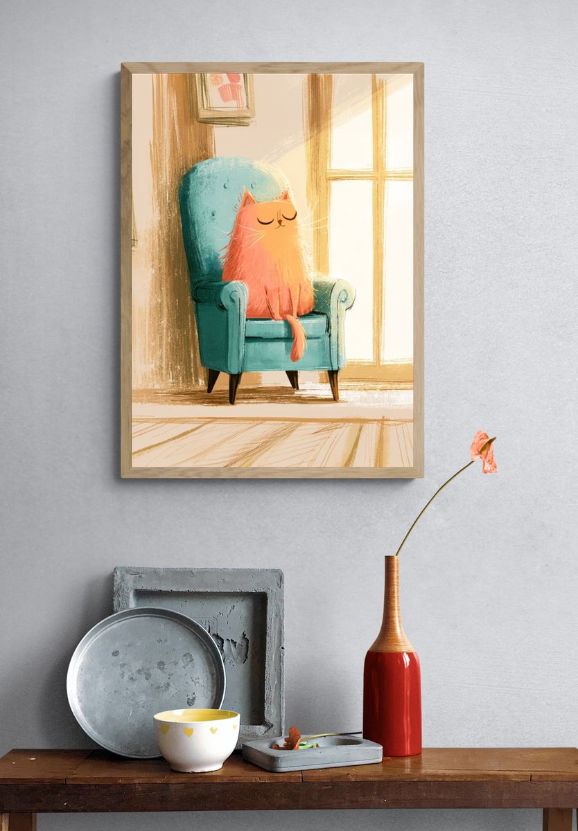 Cat in Armchair Illustration Poster. — room view 3