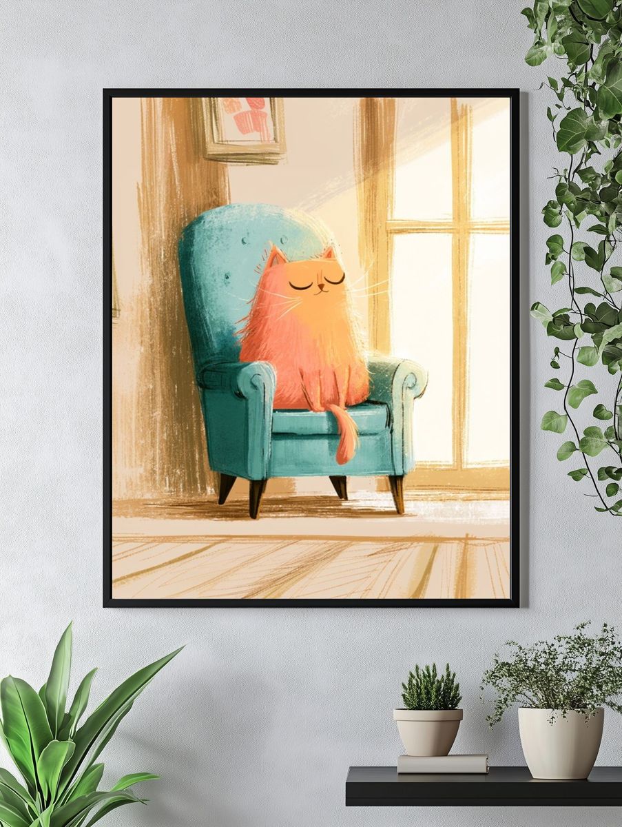 Cat in Armchair Illustration Poster. — room view 4