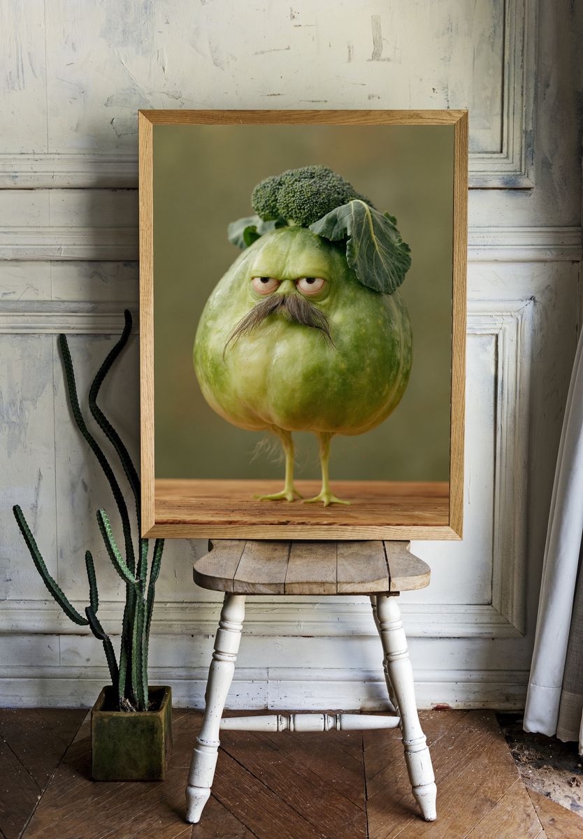 Broccoli Bird Portrait Print. — room view 1