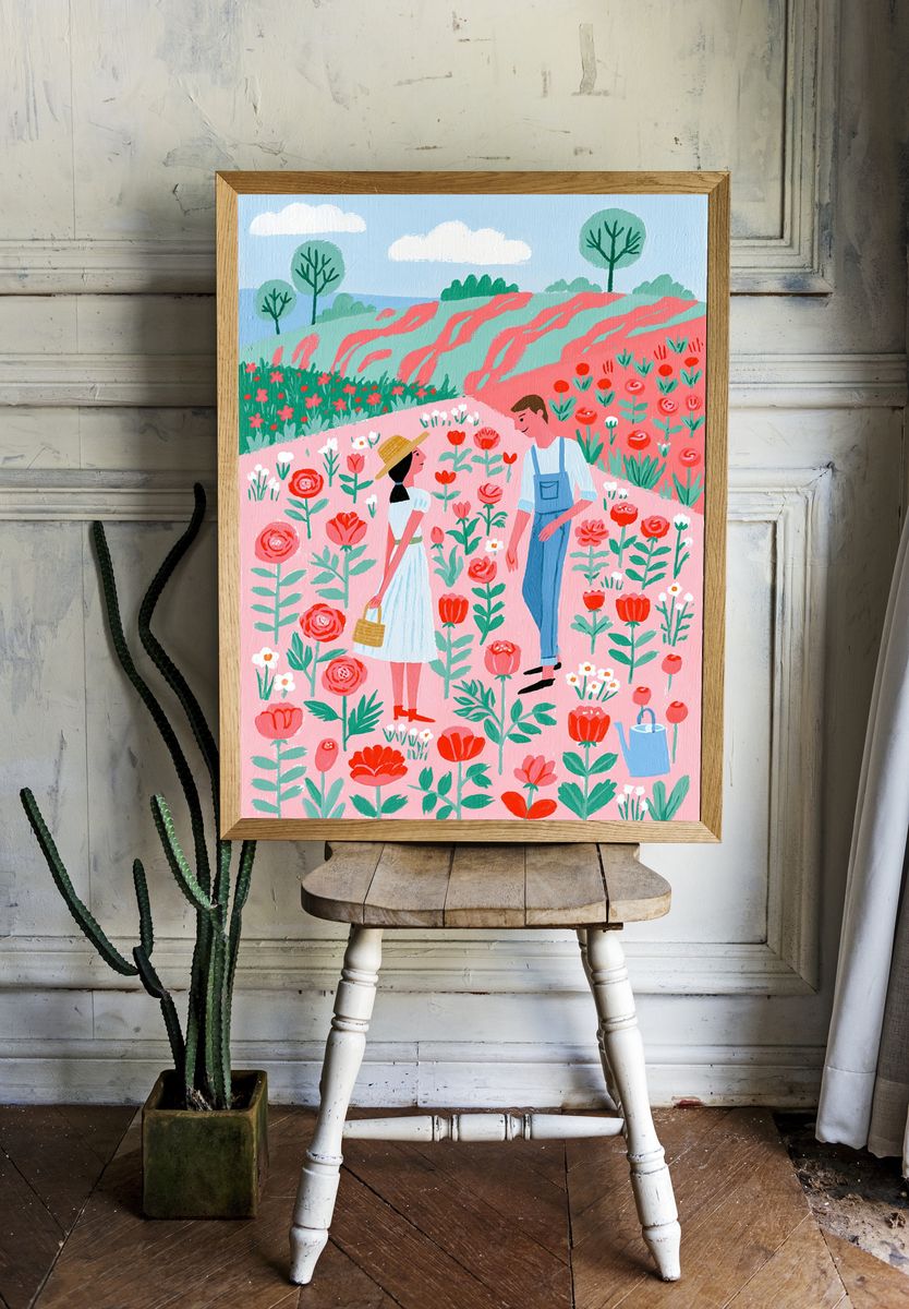 Flower Garden Couple Illustration Poster. — room view 1