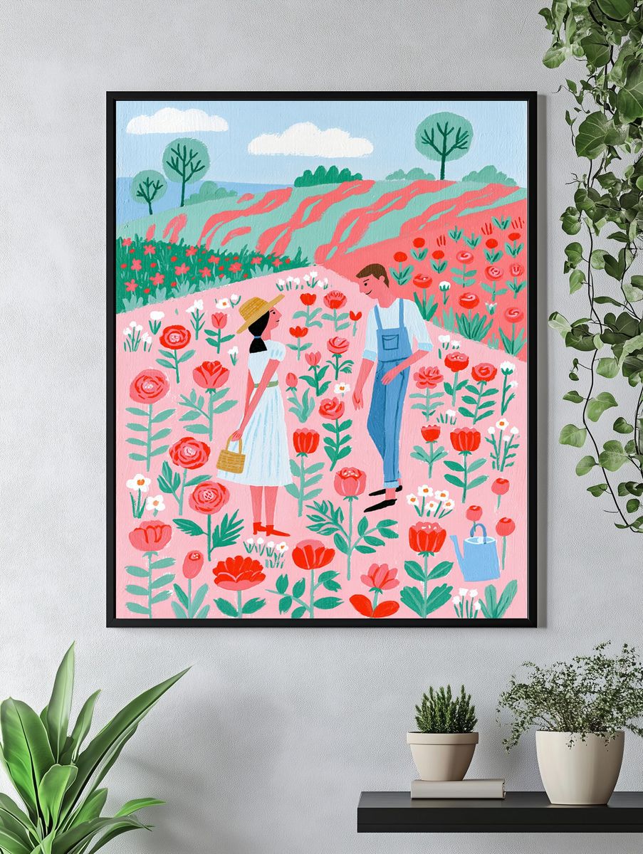 Flower Garden Couple Illustration Poster. — room view 4