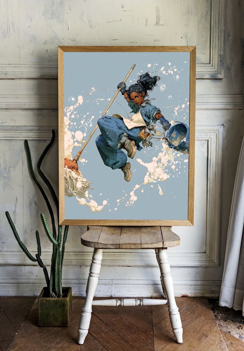 Dynamic Mop Warrior Illustration Poster. room preview
