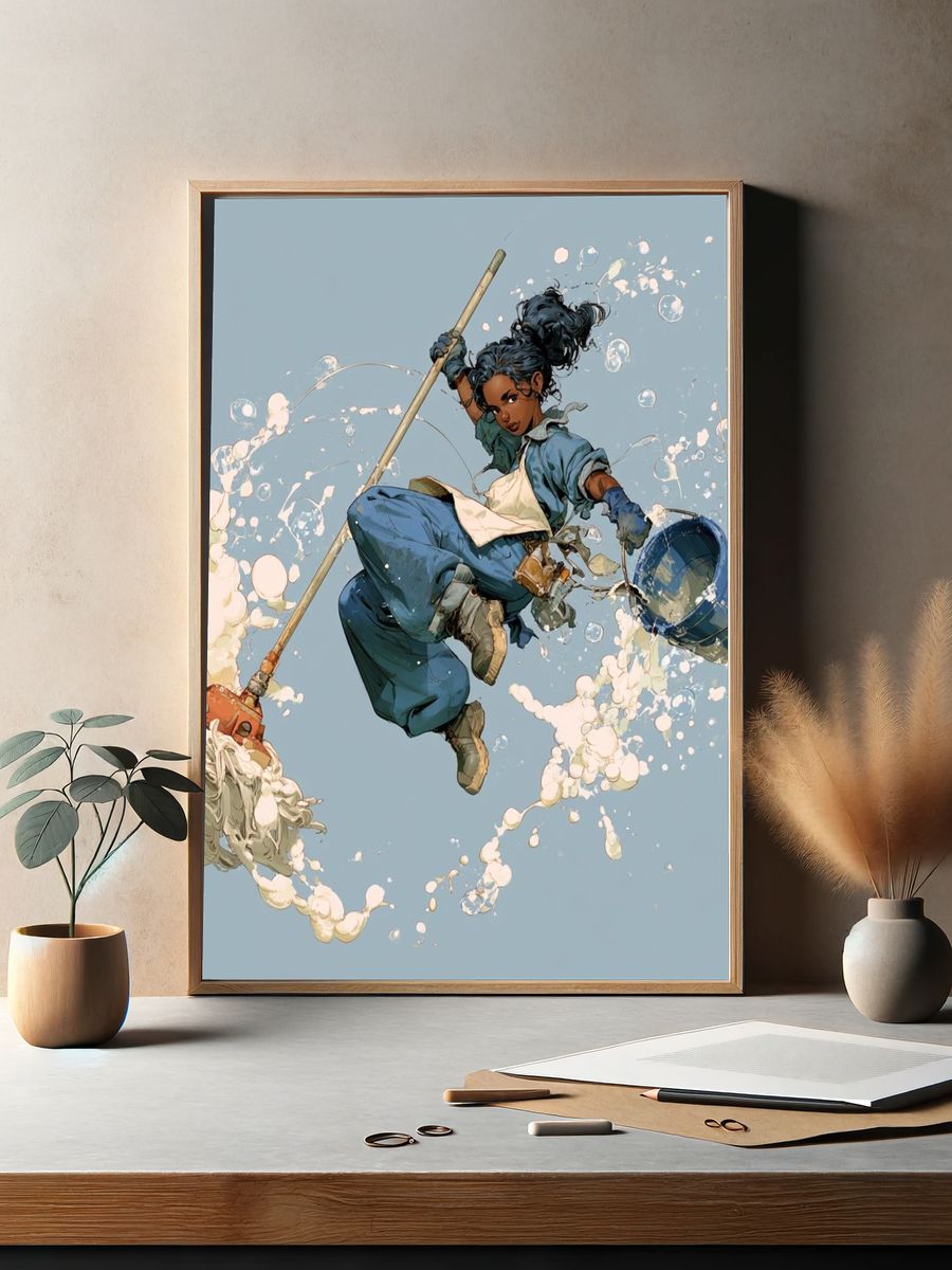 Dynamic Mop Warrior Illustration Poster. — room view 2