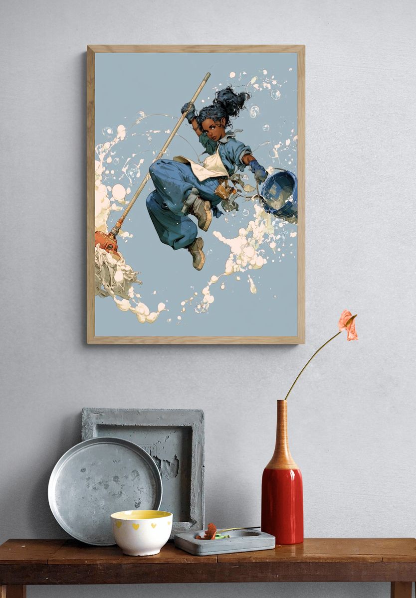 Dynamic Mop Warrior Illustration Poster. — room view 3