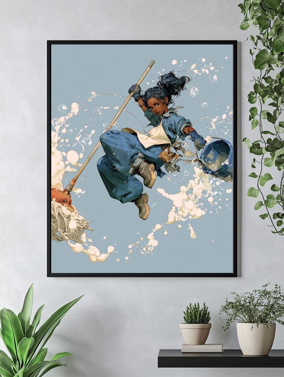 Dynamic Mop Warrior Illustration Poster. — room view 4