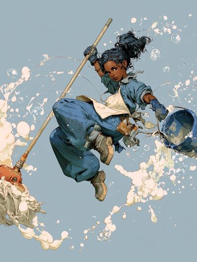 Dynamic Mop Warrior Illustration Poster.