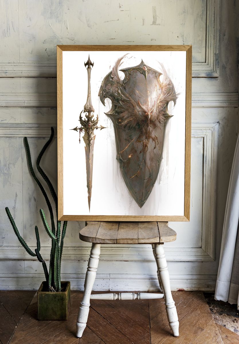 Fantasy Shield and Sword Illustration Poster. — room view 1