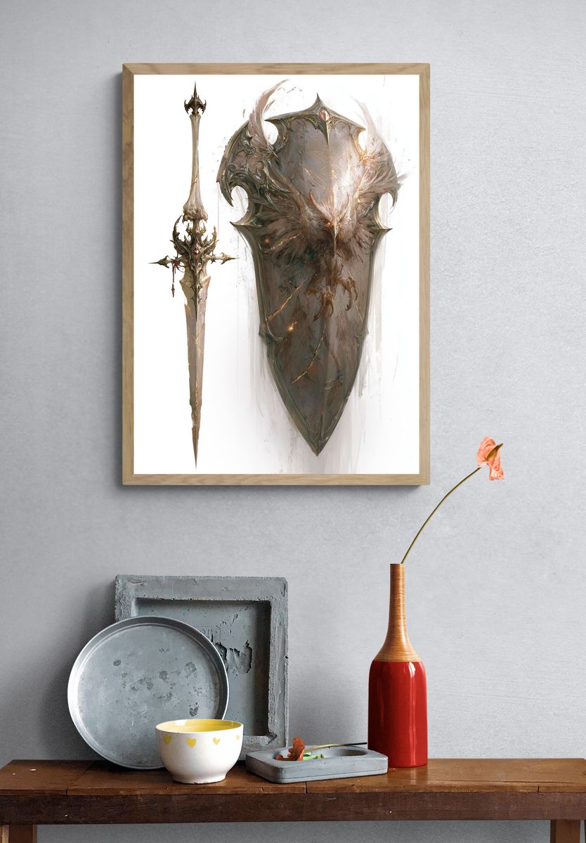 Fantasy Shield and Sword Illustration Poster. — room view 3